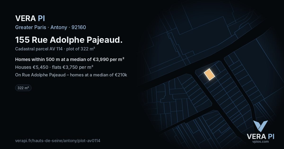 155 Rue Adolphe Pajeaud, Antony at night – the plot lit, the parcels around coloured by the prices near them