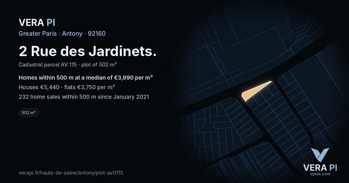 2 Rue des Jardinets, Antony at night – the plot lit, the parcels around coloured by the prices near them