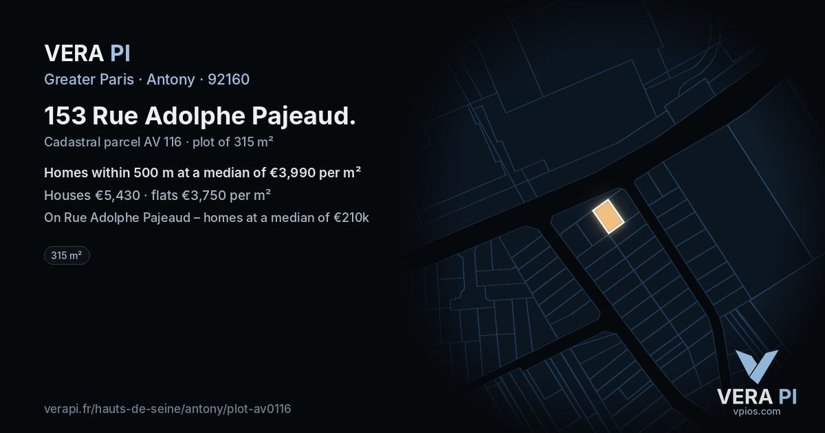 153 Rue Adolphe Pajeaud, Antony at night – the plot lit, the parcels around coloured by the prices near them