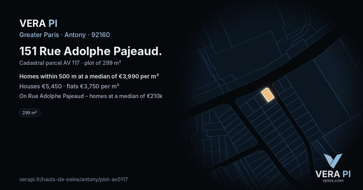 151 Rue Adolphe Pajeaud, Antony at night – the plot lit, the parcels around coloured by the prices near them