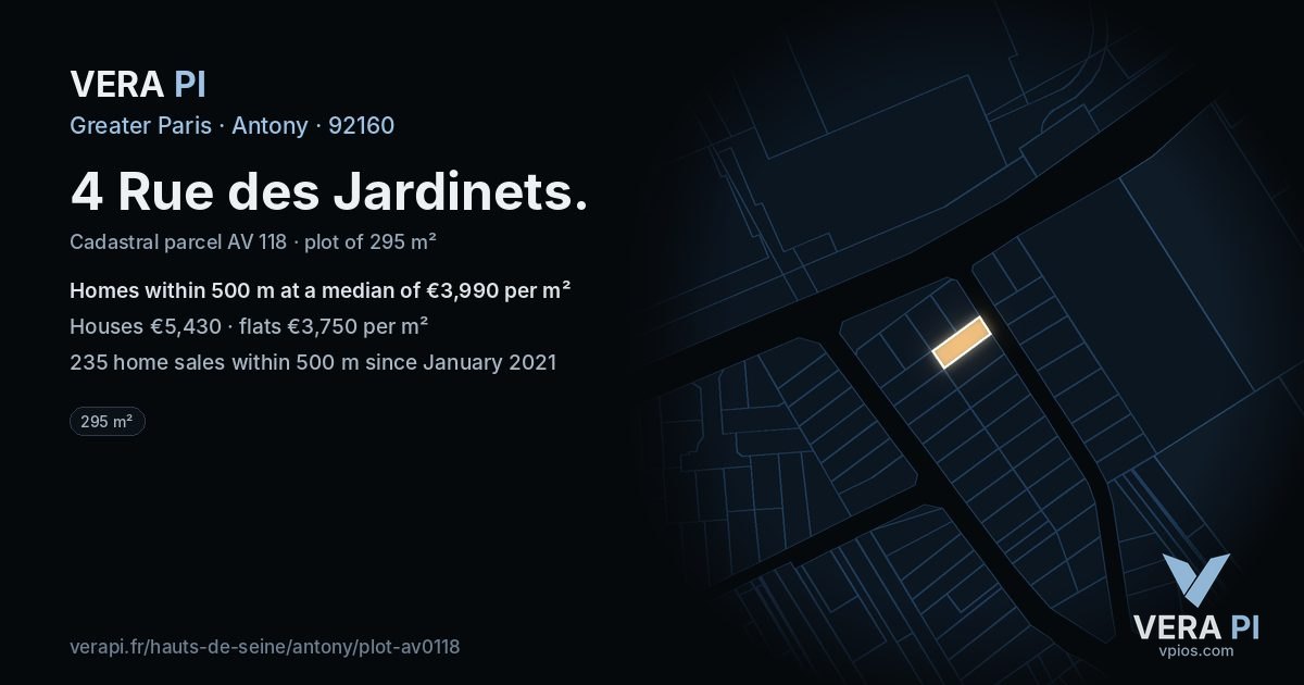 4 Rue des Jardinets, Antony at night – the plot lit, the parcels around coloured by the prices near them