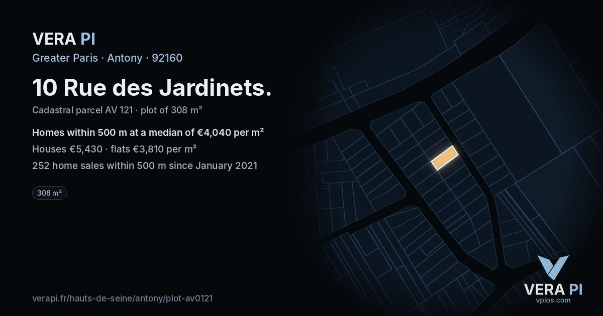 10 Rue des Jardinets, Antony at night – the plot lit, the parcels around coloured by the prices near them