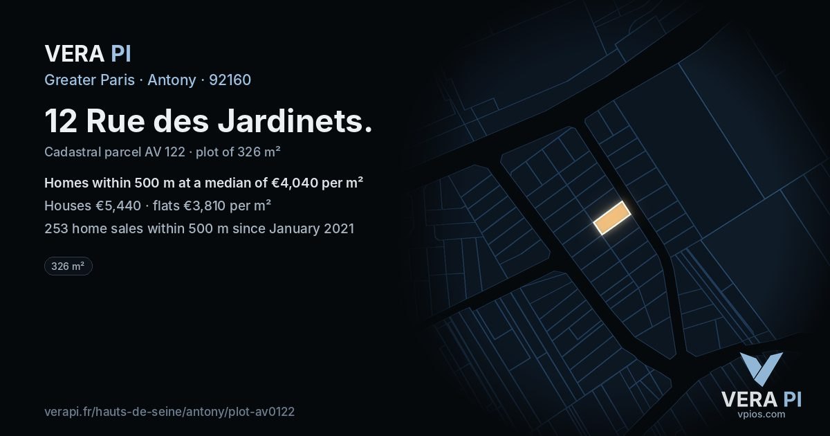 12 Rue des Jardinets, Antony at night – the plot lit, the parcels around coloured by the prices near them
