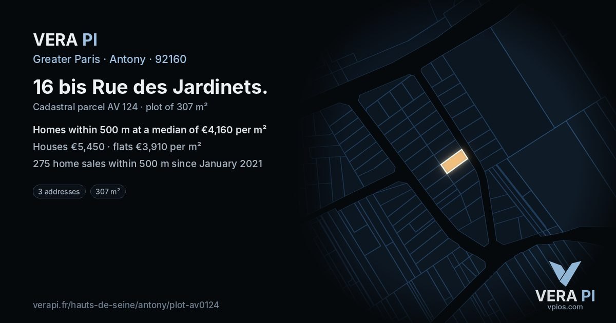 16 bis Rue des Jardinets, Antony at night – the plot lit, the parcels around coloured by the prices near them