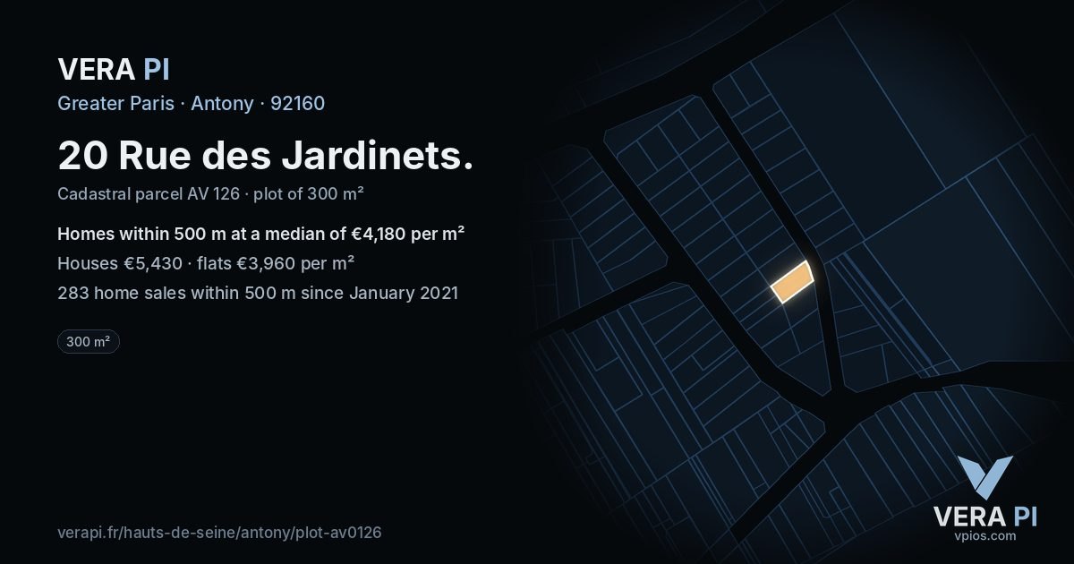20 Rue des Jardinets, Antony at night – the plot lit, the parcels around coloured by the prices near them