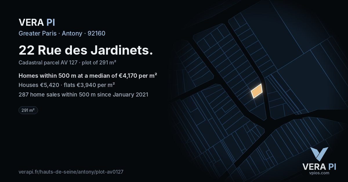22 Rue des Jardinets, Antony at night – the plot lit, the parcels around coloured by the prices near them