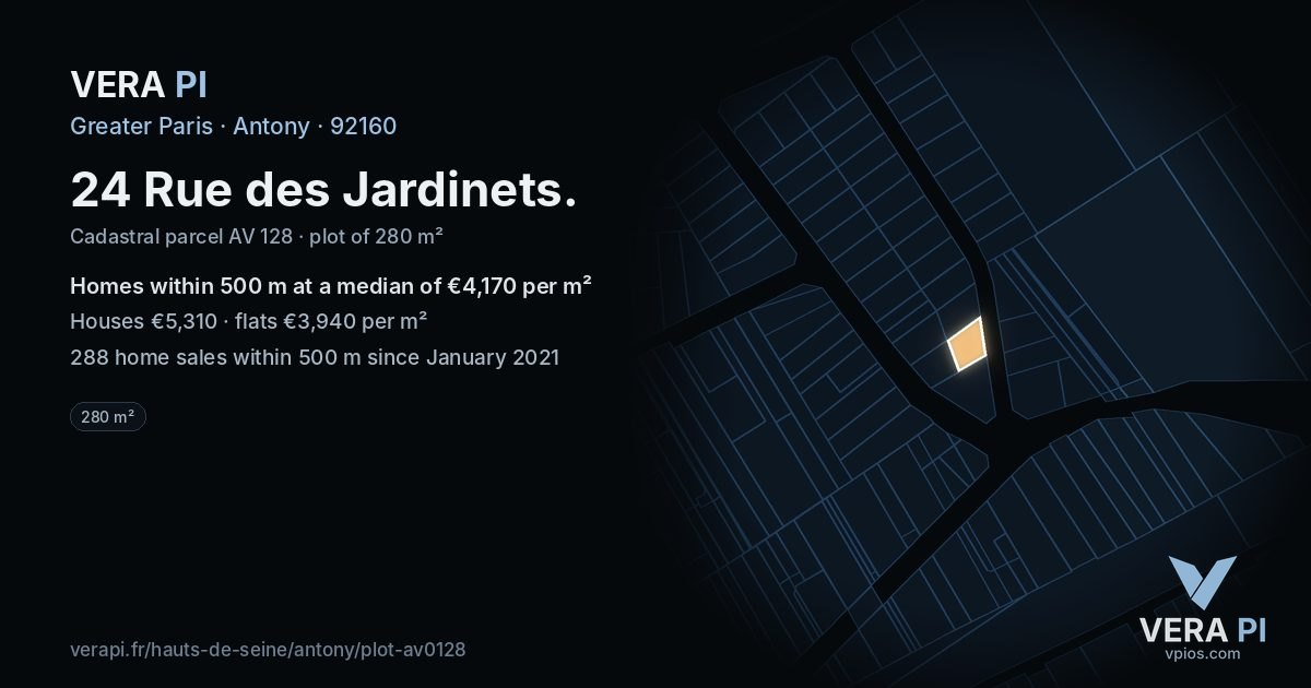 24 Rue des Jardinets, Antony at night – the plot lit, the parcels around coloured by the prices near them