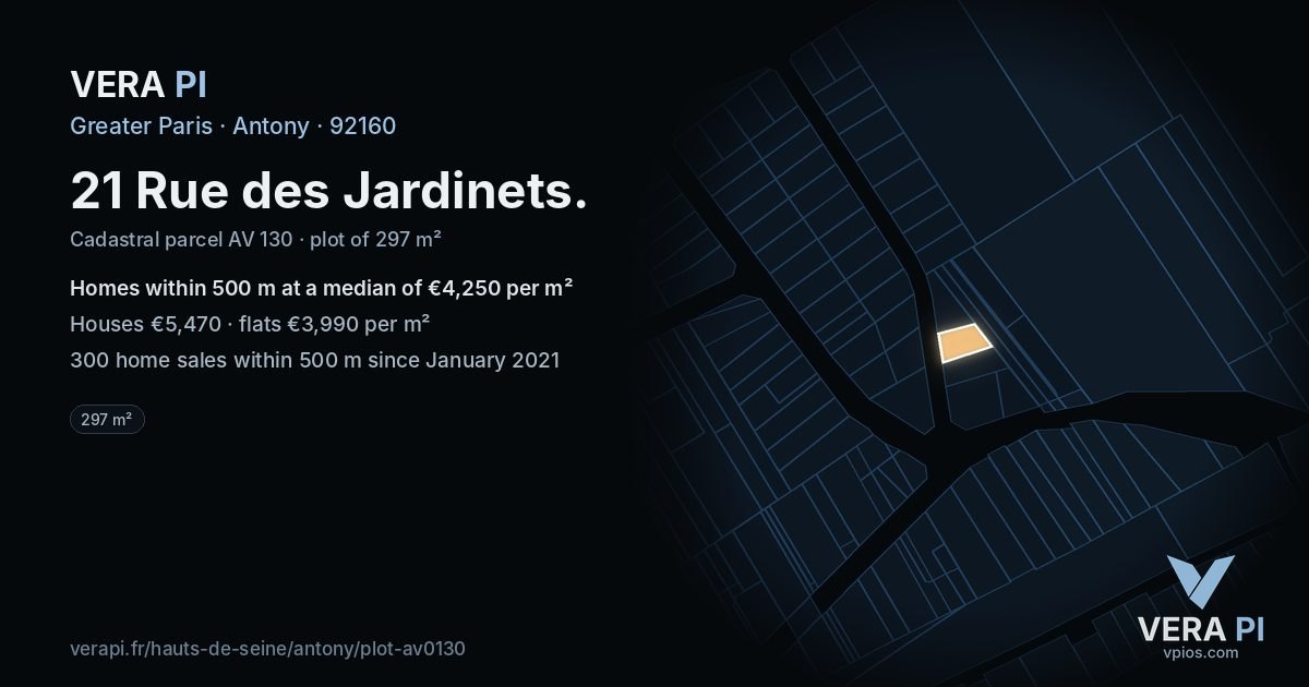 21 Rue des Jardinets, Antony at night – the plot lit, the parcels around coloured by the prices near them