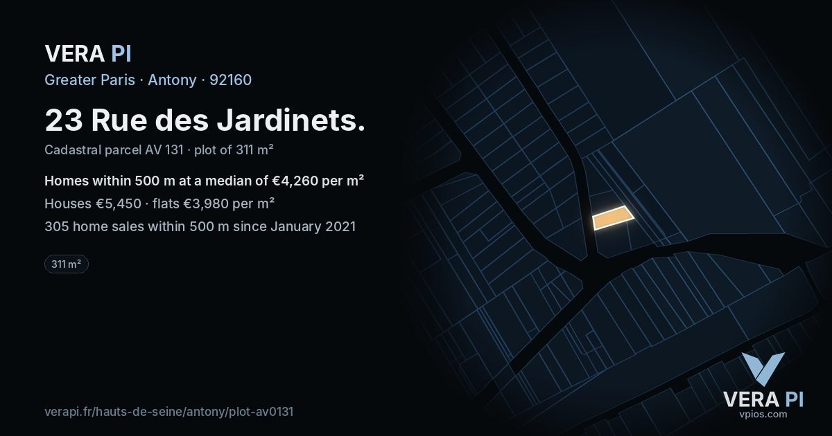 23 Rue des Jardinets, Antony at night – the plot lit, the parcels around coloured by the prices near them