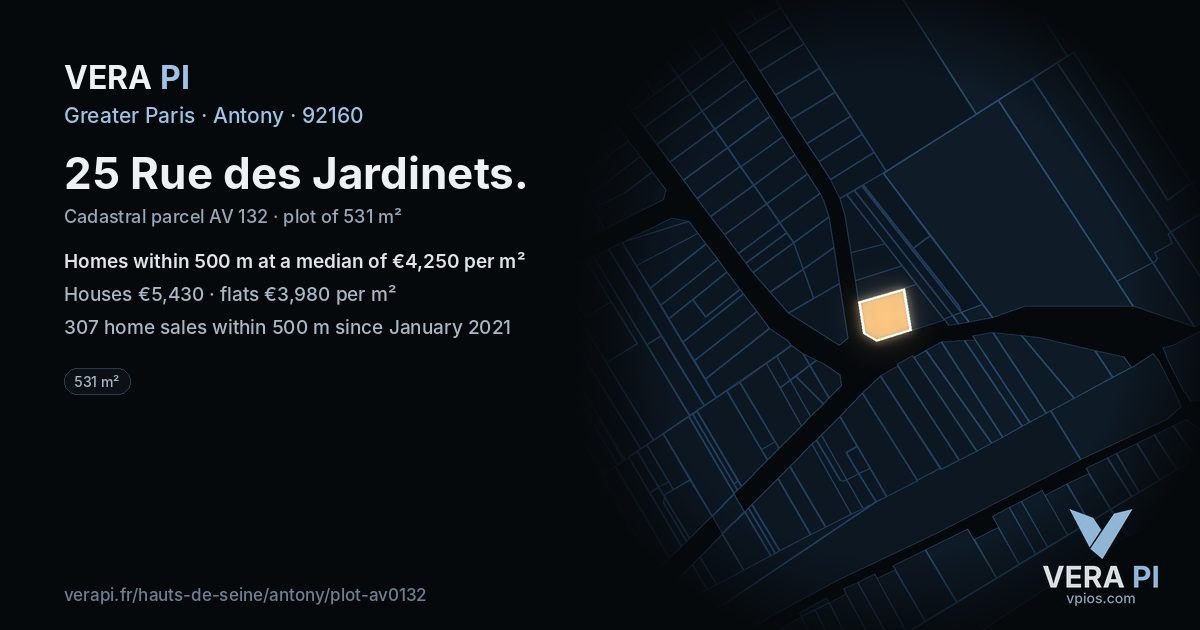 25 Rue des Jardinets, Antony at night – the plot lit, the parcels around coloured by the prices near them