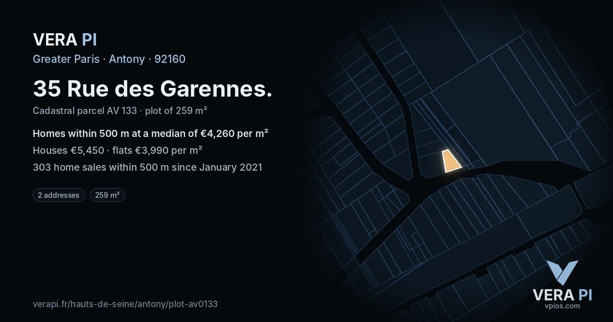 35 Rue des Garennes, Antony at night – the plot lit, the parcels around coloured by the prices near them