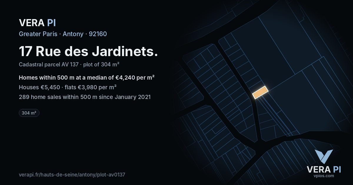 17 Rue des Jardinets, Antony at night – the plot lit, the parcels around coloured by the prices near them