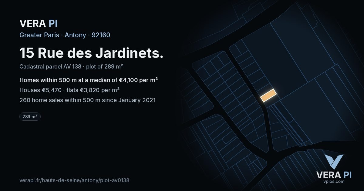 15 Rue des Jardinets, Antony at night – the plot lit, the parcels around coloured by the prices near them