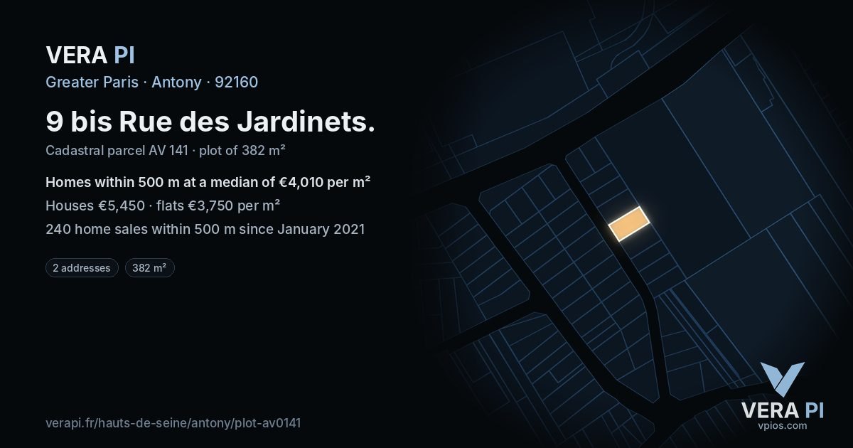 9 bis Rue des Jardinets, Antony at night – the plot lit, the parcels around coloured by the prices near them