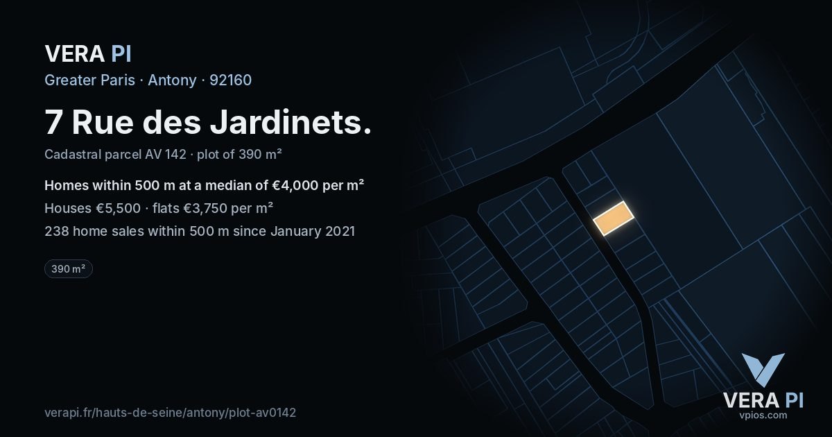 7 Rue des Jardinets, Antony at night – the plot lit, the parcels around coloured by the prices near them