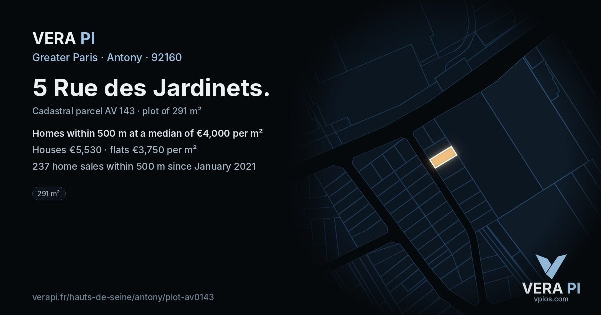 5 Rue des Jardinets, Antony at night – the plot lit, the parcels around coloured by the prices near them