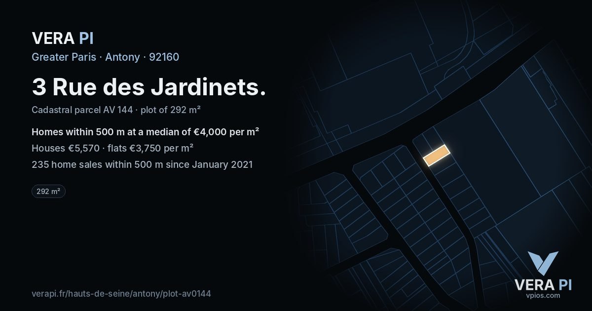 3 Rue des Jardinets, Antony at night – the plot lit, the parcels around coloured by the prices near them