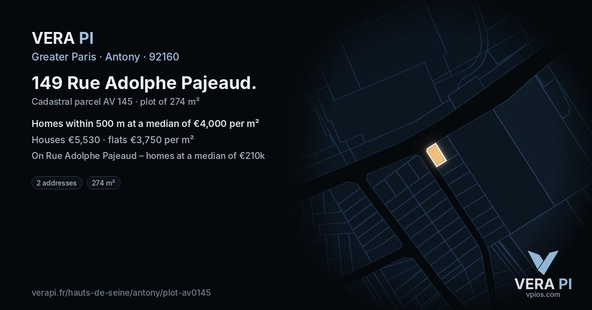 149 Rue Adolphe Pajeaud, Antony at night – the plot lit, the parcels around coloured by the prices near them