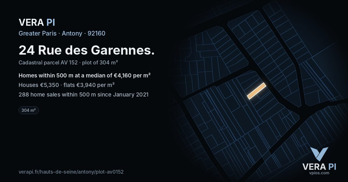 24 Rue des Garennes, Antony at night – the plot lit, the parcels around coloured by the prices near them