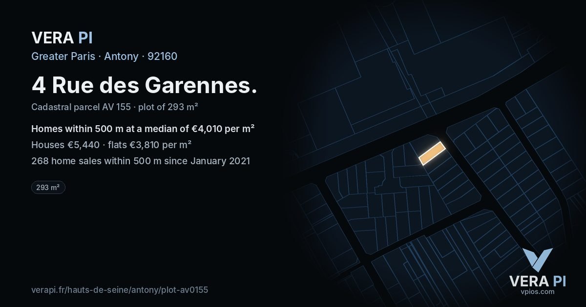 4 Rue des Garennes, Antony at night – the plot lit, the parcels around coloured by the prices near them