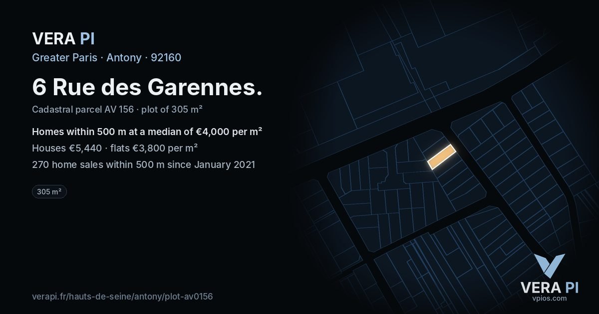 6 Rue des Garennes, Antony at night – the plot lit, the parcels around coloured by the prices near them
