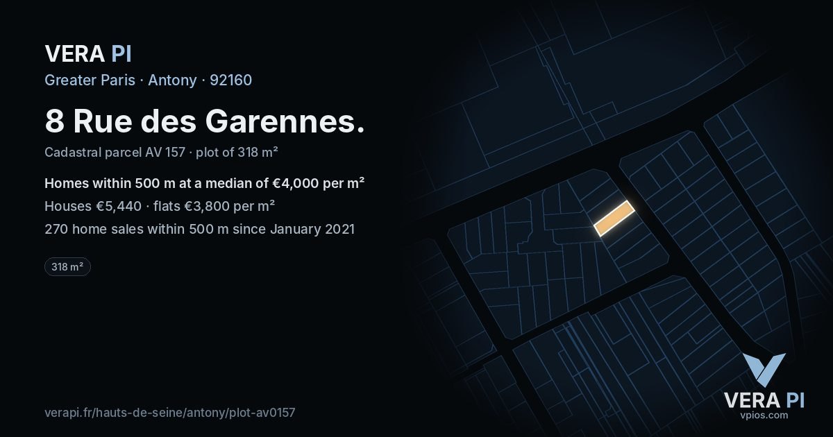 8 Rue des Garennes, Antony at night – the plot lit, the parcels around coloured by the prices near them