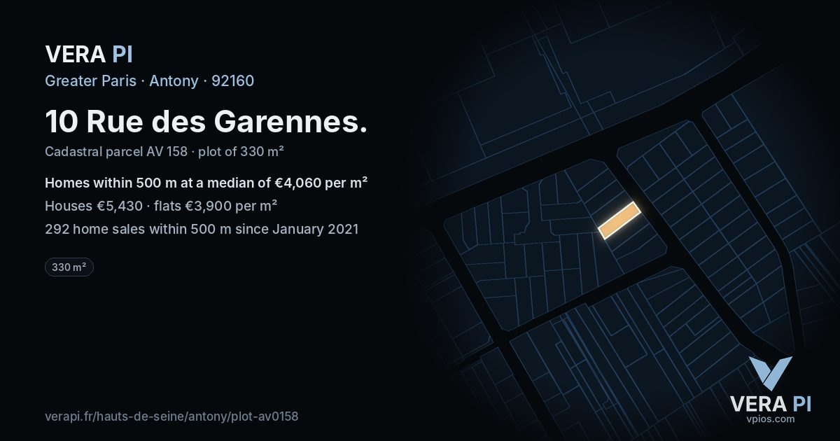 10 Rue des Garennes, Antony at night – the plot lit, the parcels around coloured by the prices near them
