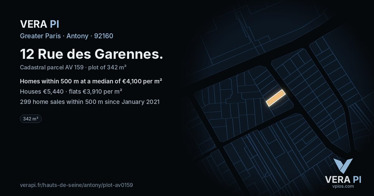 12 Rue des Garennes, Antony at night – the plot lit, the parcels around coloured by the prices near them