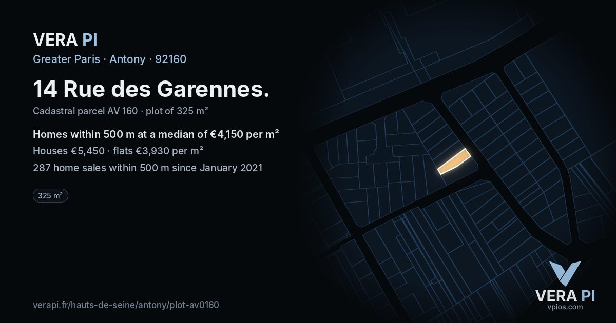 14 Rue des Garennes, Antony at night – the plot lit, the parcels around coloured by the prices near them