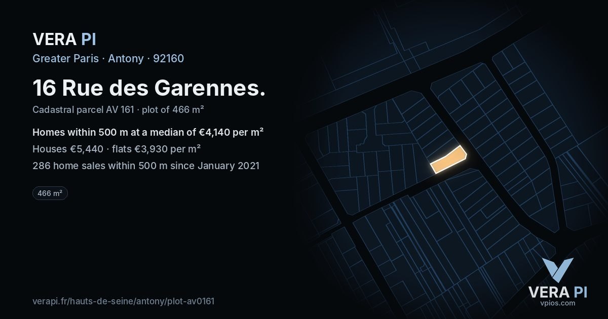 16 Rue des Garennes, Antony at night – the plot lit, the parcels around coloured by the prices near them