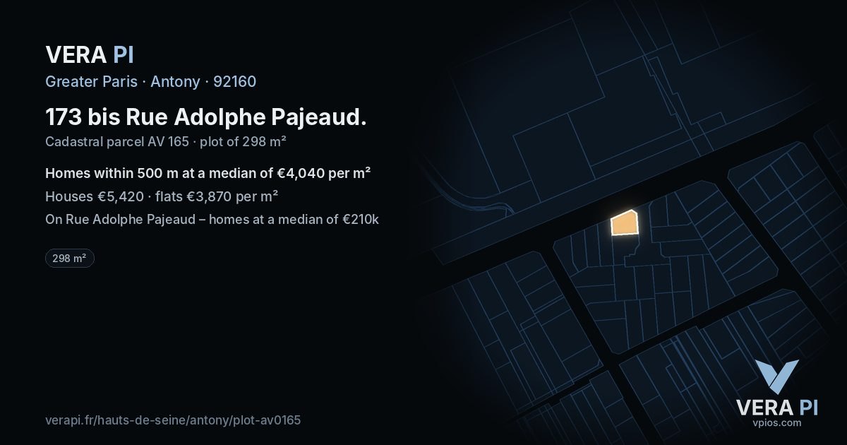 173 bis Rue Adolphe Pajeaud, Antony at night – the plot lit, the parcels around coloured by the prices near them