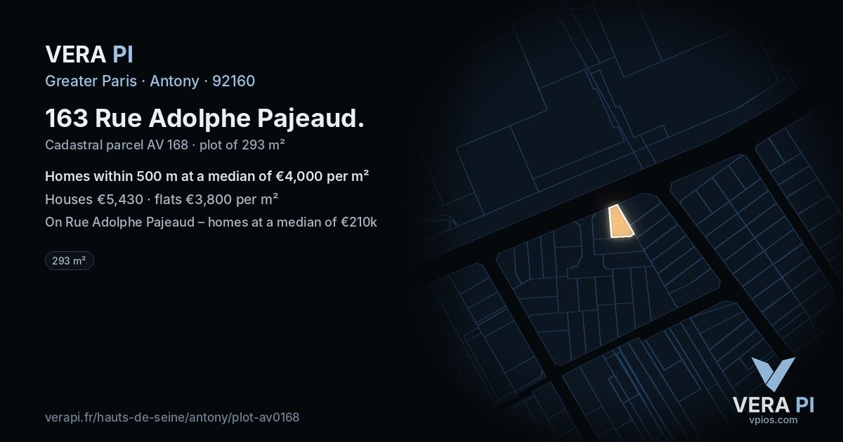 163 Rue Adolphe Pajeaud, Antony at night – the plot lit, the parcels around coloured by the prices near them