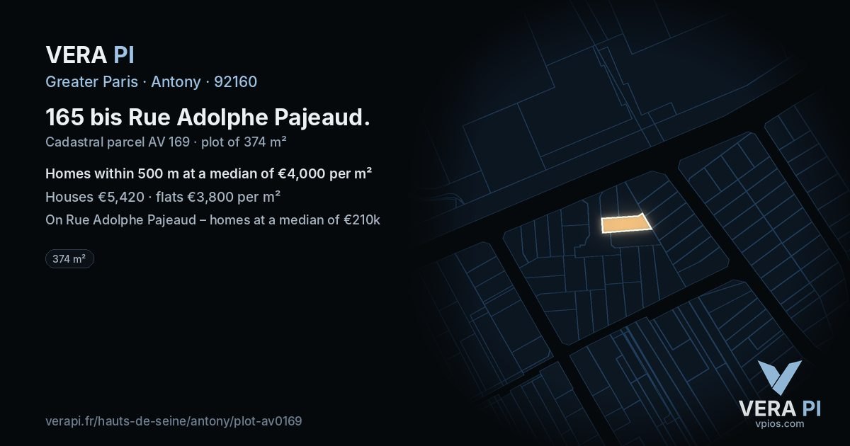 165 bis Rue Adolphe Pajeaud, Antony at night – the plot lit, the parcels around coloured by the prices near them