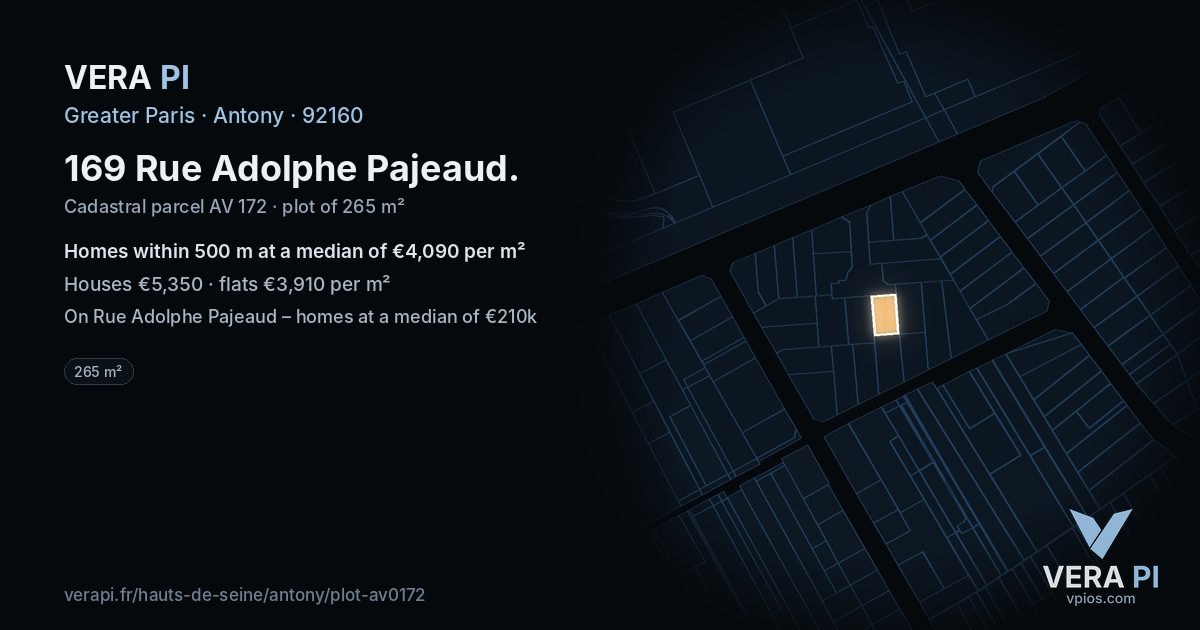 169 Rue Adolphe Pajeaud, Antony at night – the plot lit, the parcels around coloured by the prices near them