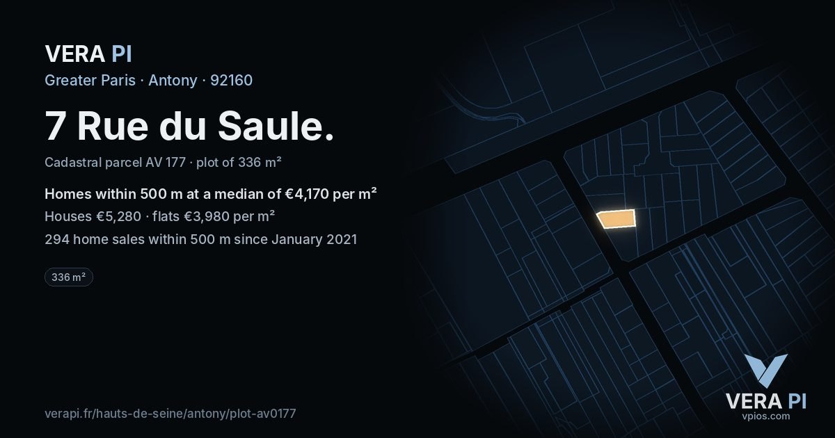 7 Rue du Saule, Antony at night – the plot lit, the parcels around coloured by the prices near them