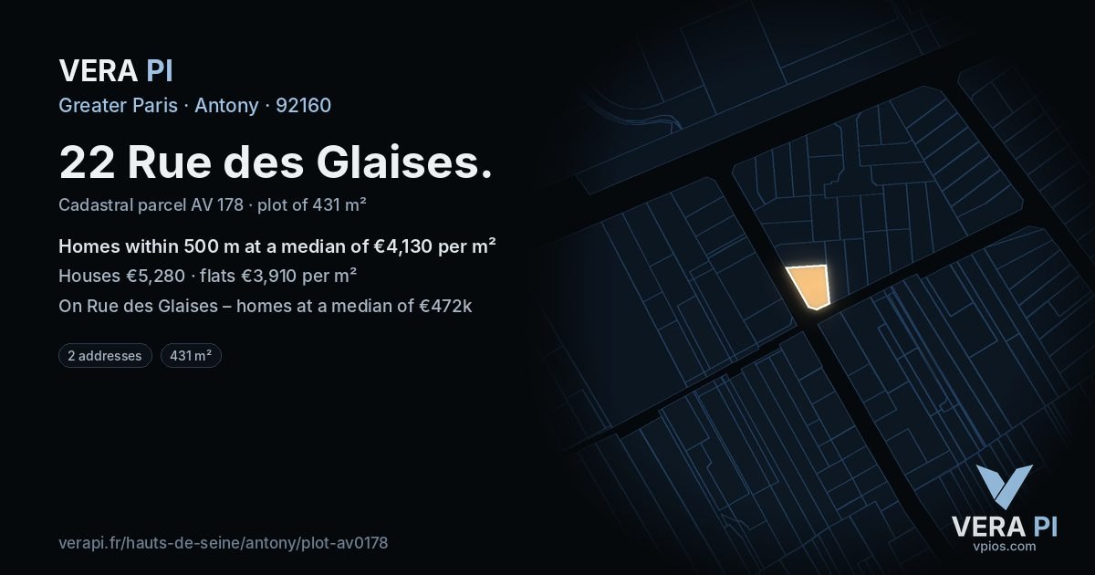 22 Rue des Glaises, Antony at night – the plot lit, the parcels around coloured by the prices near them