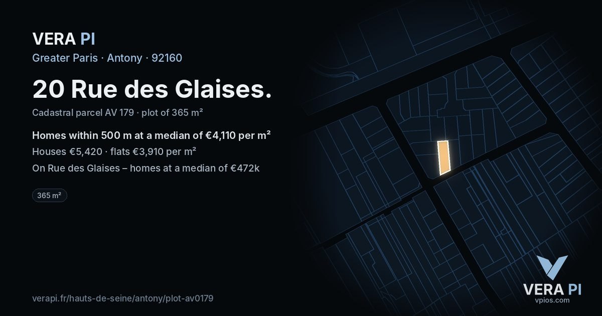 20 Rue des Glaises, Antony at night – the plot lit, the parcels around coloured by the prices near them