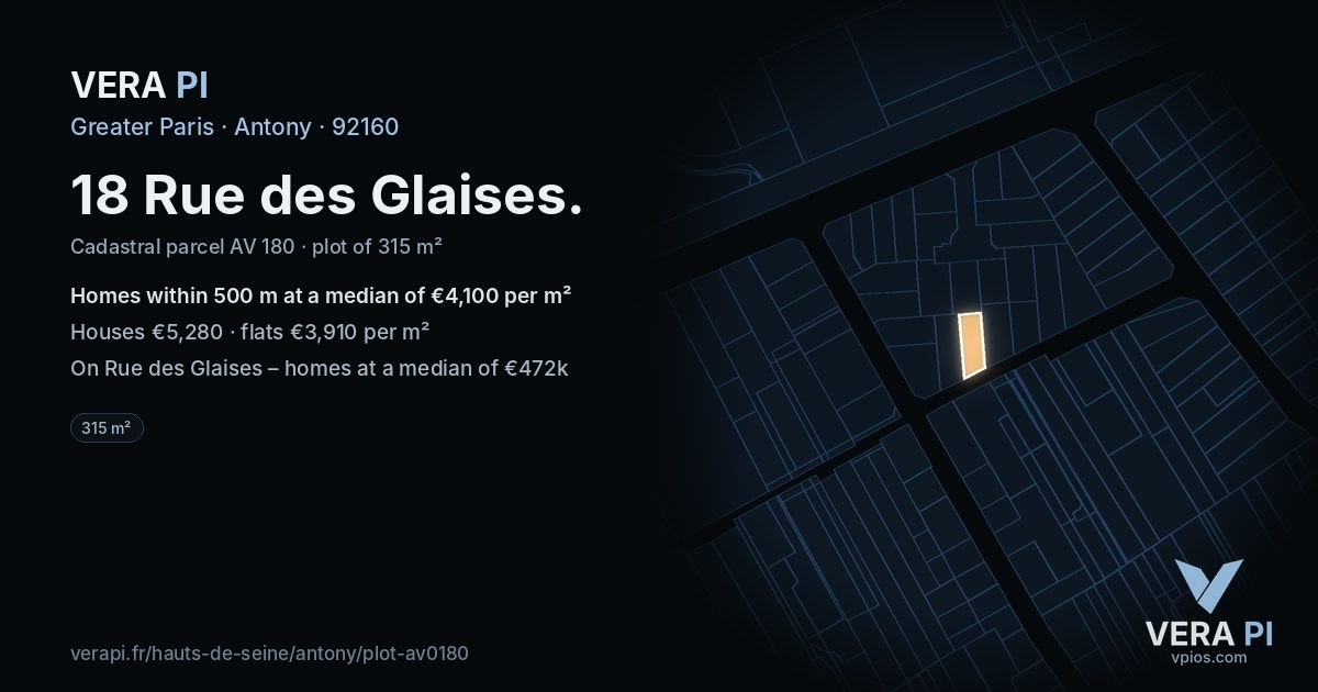 18 Rue des Glaises, Antony at night – the plot lit, the parcels around coloured by the prices near them