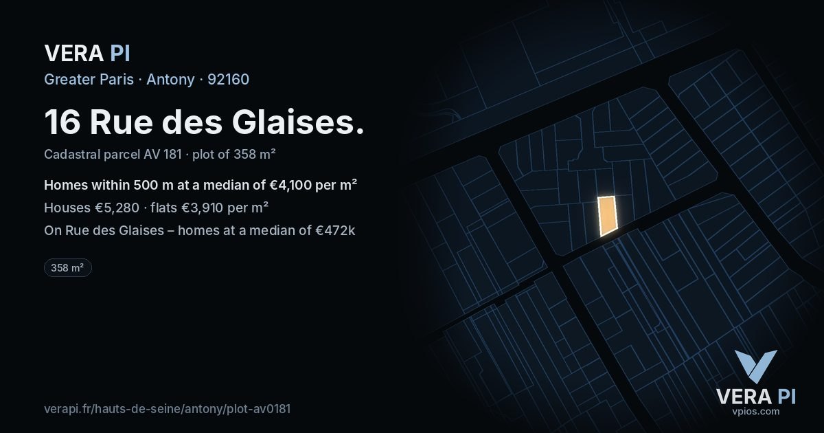 16 Rue des Glaises, Antony at night – the plot lit, the parcels around coloured by the prices near them