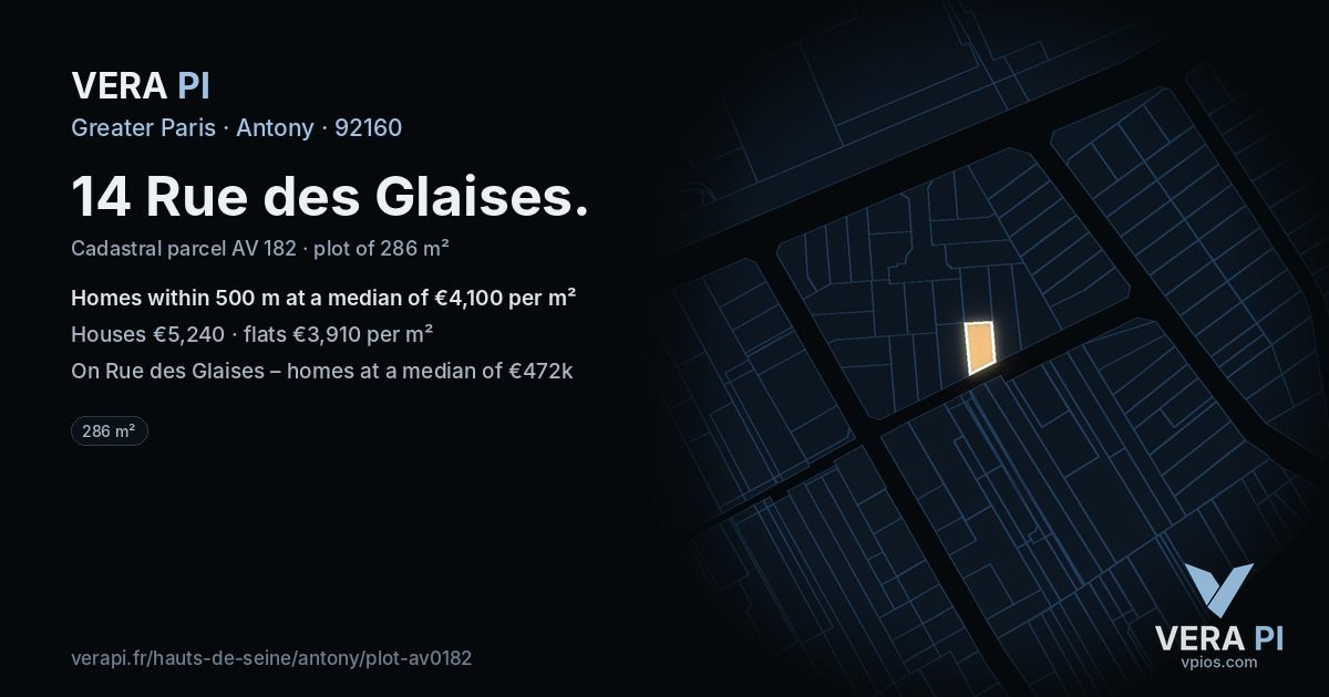 14 Rue des Glaises, Antony at night – the plot lit, the parcels around coloured by the prices near them