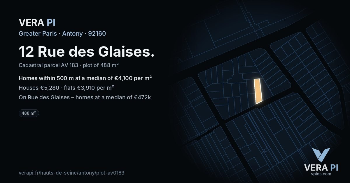 12 Rue des Glaises, Antony at night – the plot lit, the parcels around coloured by the prices near them