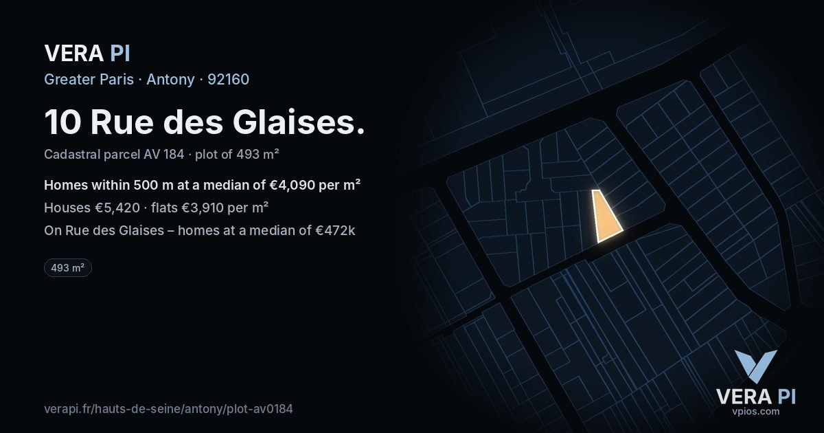 10 Rue des Glaises, Antony at night – the plot lit, the parcels around coloured by the prices near them