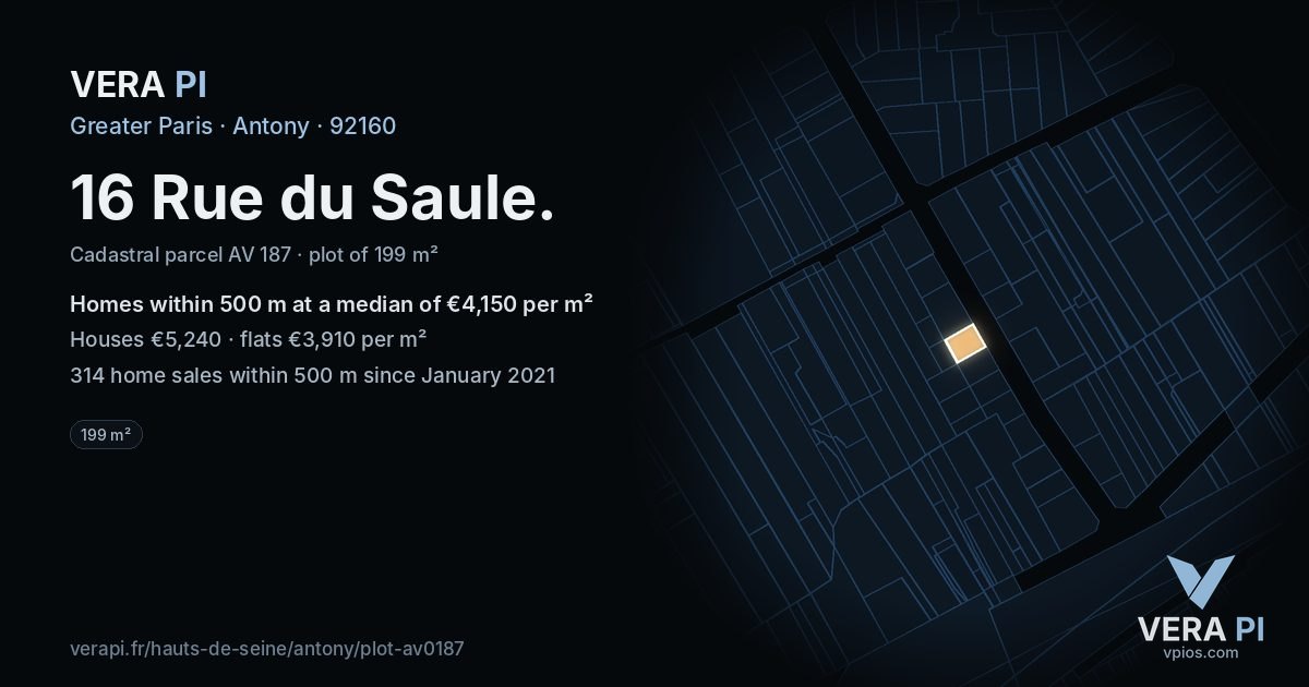 16 Rue du Saule, Antony at night – the plot lit, the parcels around coloured by the prices near them