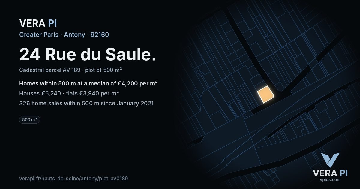 24 Rue du Saule, Antony at night – the plot lit, the parcels around coloured by the prices near them