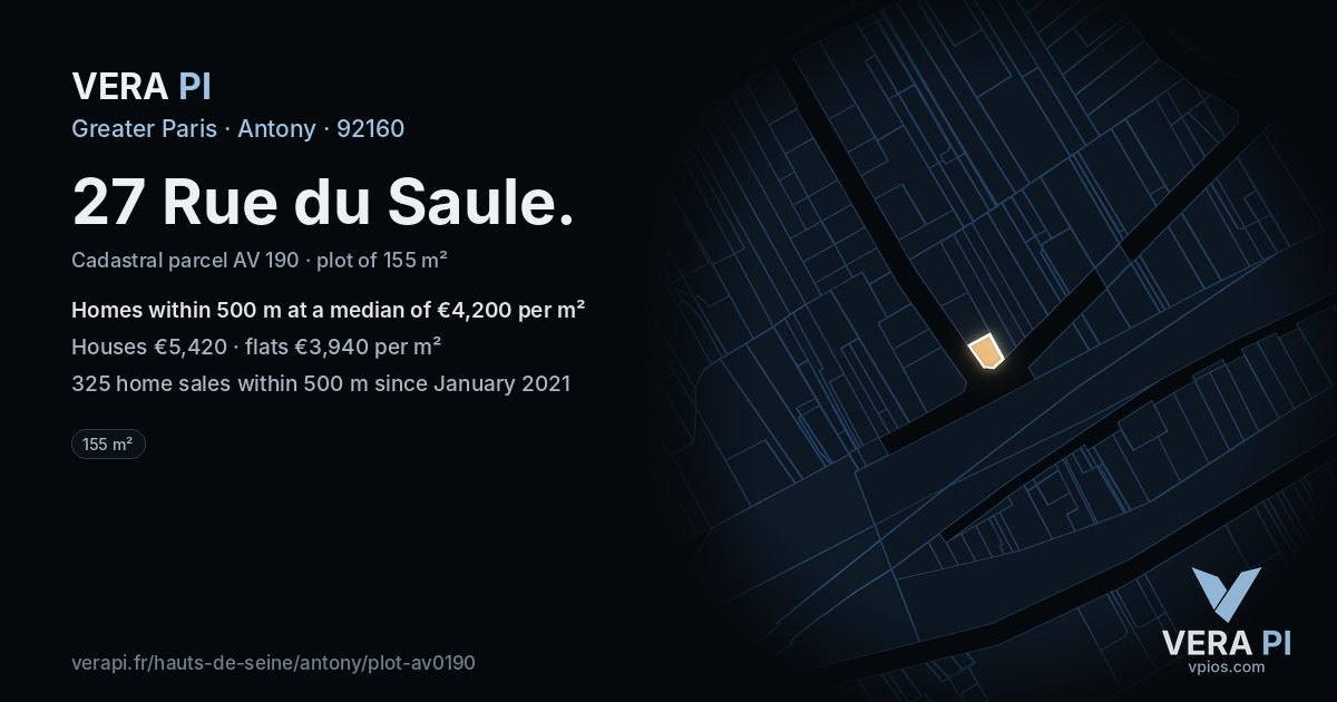 27 Rue du Saule, Antony at night – the plot lit, the parcels around coloured by the prices near them