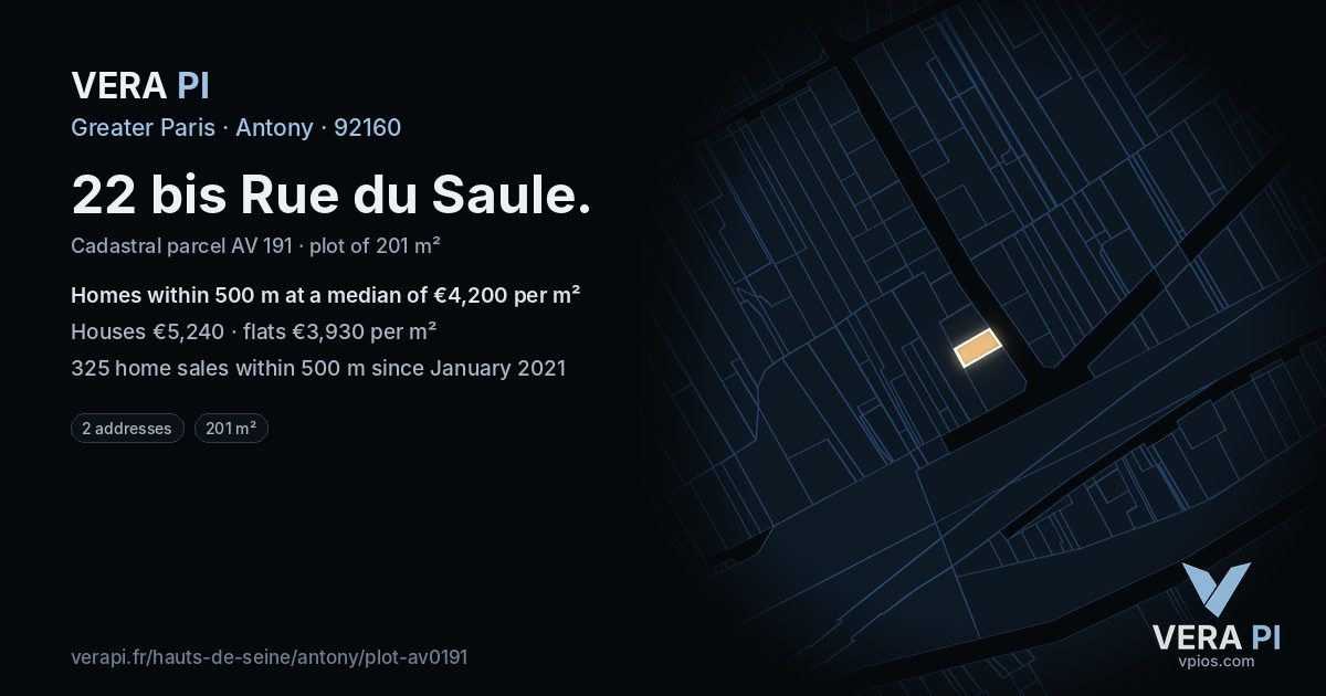 22 bis Rue du Saule, Antony at night – the plot lit, the parcels around coloured by the prices near them