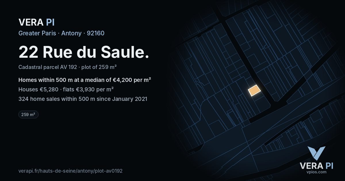 22 Rue du Saule, Antony at night – the plot lit, the parcels around coloured by the prices near them