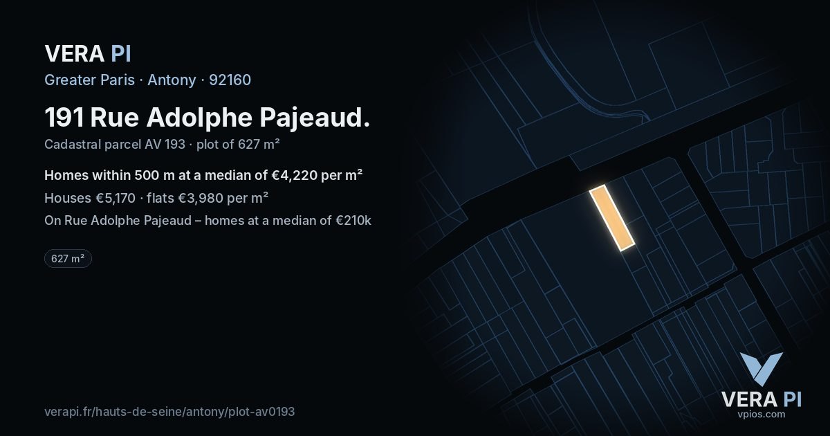 191 Rue Adolphe Pajeaud, Antony at night – the plot lit, the parcels around coloured by the prices near them