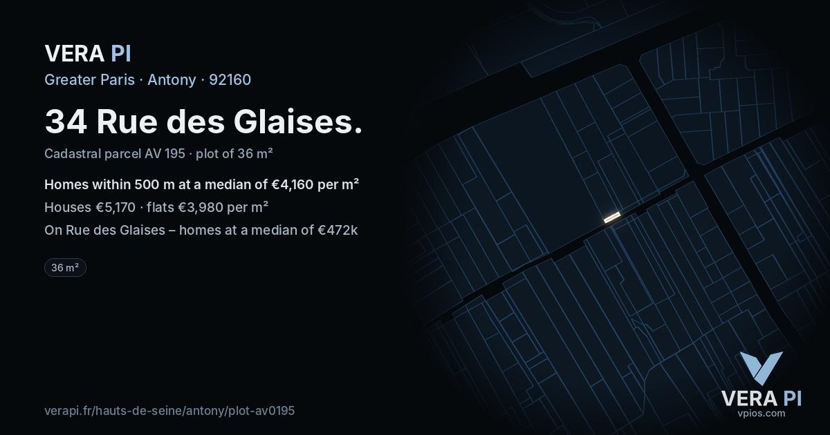 34 Rue des Glaises, Antony at night – the plot lit, the parcels around coloured by the prices near them