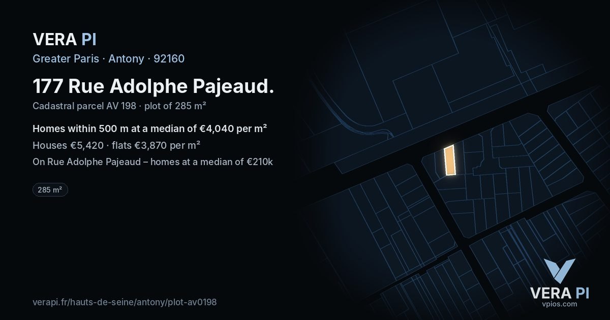 177 Rue Adolphe Pajeaud, Antony at night – the plot lit, the parcels around coloured by the prices near them